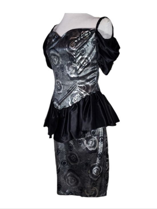 None Dresses & Skirts - Vintage Dress 1980s Shiny Semi Sheer Floral Accent Silver Size